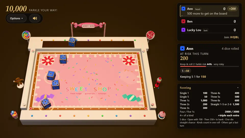 A game in progress on the Candy Shop table. The scoreboard lists Ann, Ben and Lucky Lou the bot, and the turn panel shows Ann keeping a 5 and a 1 for 150.